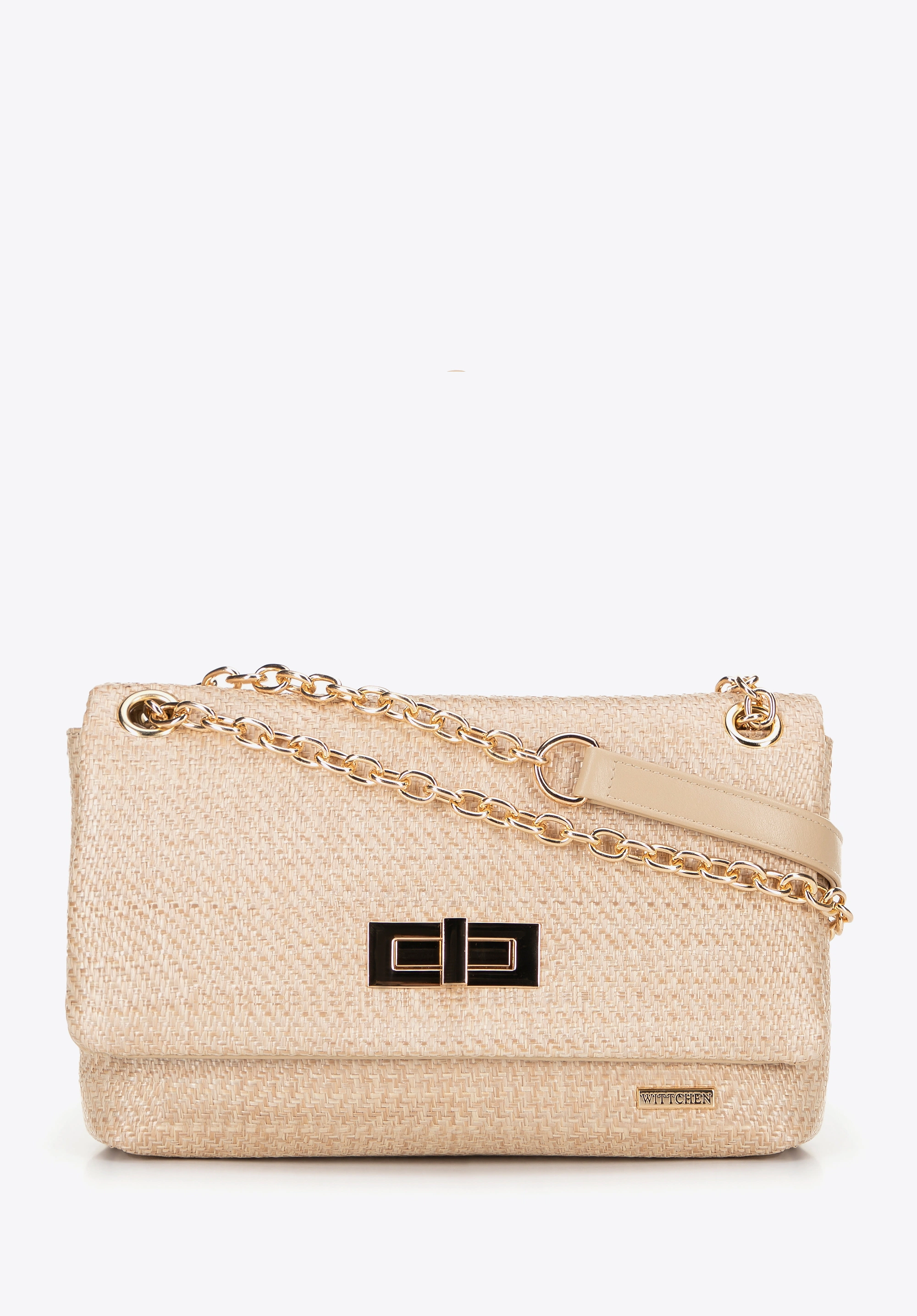 Damska crossbody z plecionki na łańcuszku beżowa