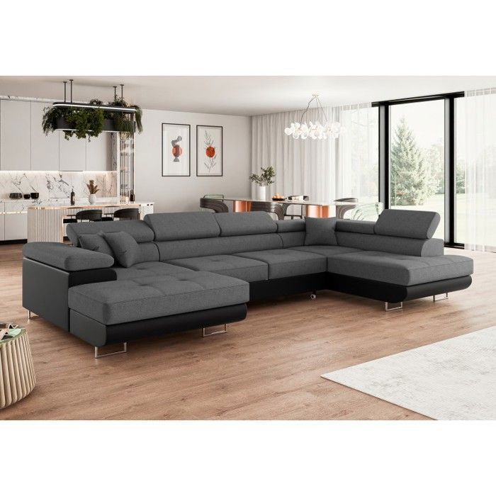 Sofá cama esquinero en forma de U ANNIO con reposacabezas ajustables - Gris oscuro / Negro