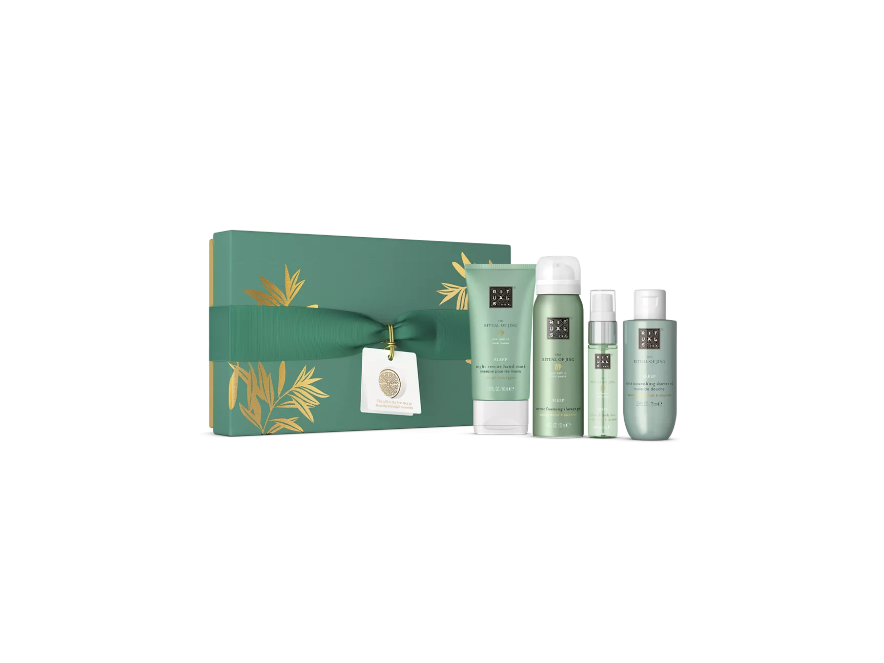 El set de regalo Ritual of Jing incluye espuma de ducha 50 ml, mascarilla de manos 50 ml, gel de ducha 75 ml y bruma corporal y para almohada 20 ml.