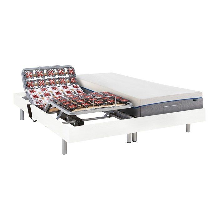 Cama eléctrica de relajación con base de láminas y colchón de espuma viscoelástica - 2 x 90 x 200 cm - Blanca - HESIODE III de YSMÉE