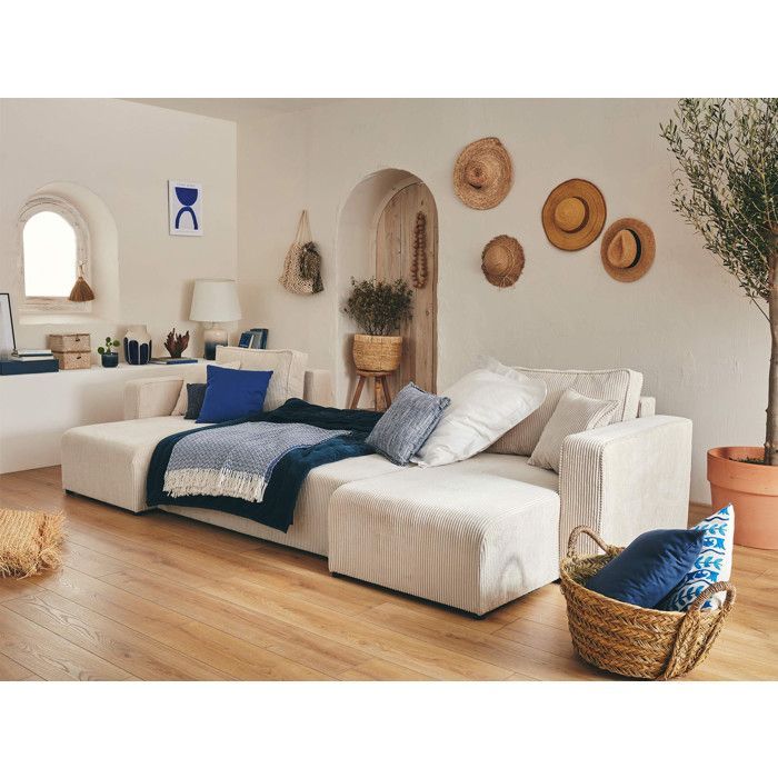 Topaze – U-förmiges Panoramasofa – 7-Sitzer – ausziehbar mit Stauraum – in Cord – Beige