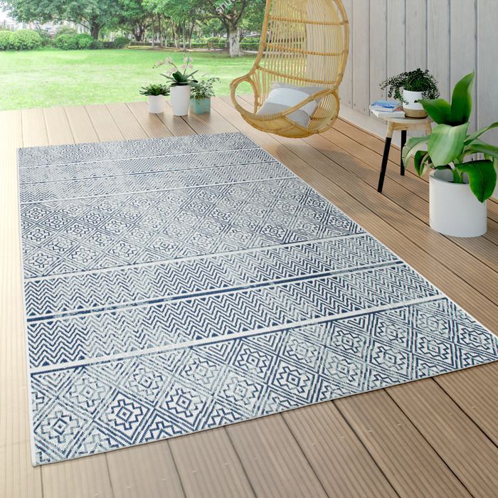 Tappeto da esterno Paco Home. Resistente alle intemperie. Balcone/Cucina. Stile marocchino vintage/moderno. Blu/Crema. 120x170 cm