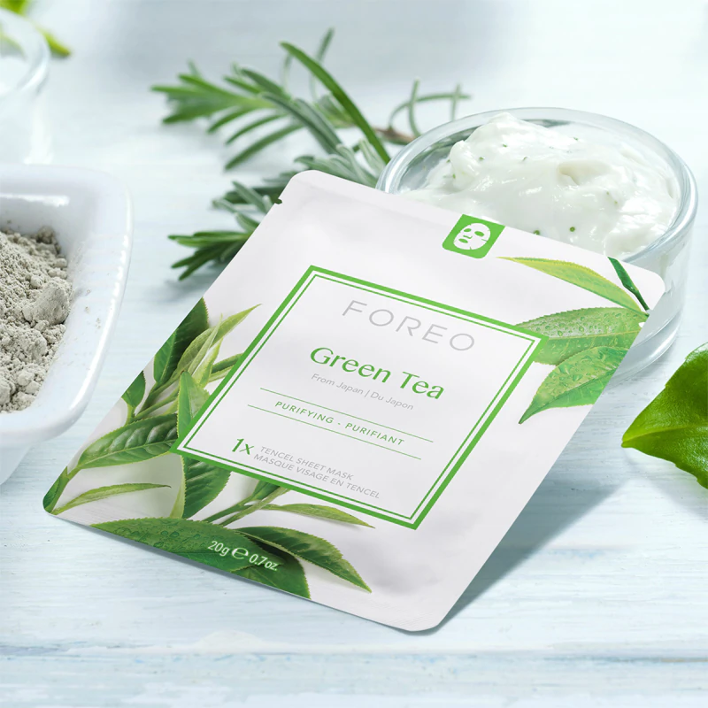 FOREO Farm to Face Sheet Mask Upokojujúca plátenná maska so zeleným čajom pre zmiešanú pleť