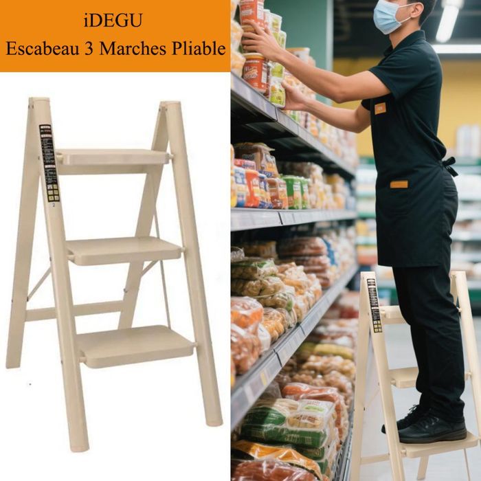 Escalera plegable de 3 peldaños IDEGU, taburete plegable de acero portátil, peldaño de 22 cm de ancho, antideslizante, blanca.