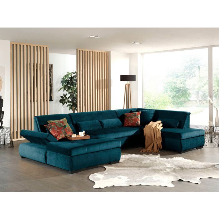 Vermont - Sofá panorámico de esquina derecha - 7 plazas - XXL - en terciopelo - Azul pato