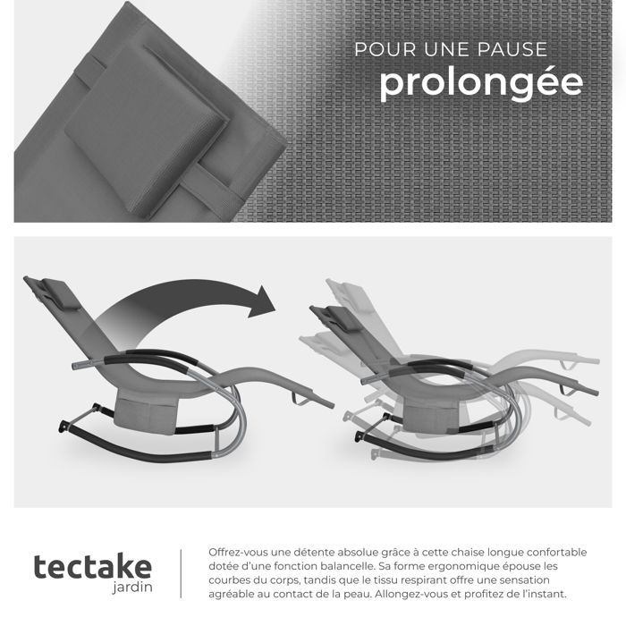 Tumbona - TECTAKE - TAYA, tumbona ergonómica de jardín con función de balanceo y reposabrazos curvos - Gris