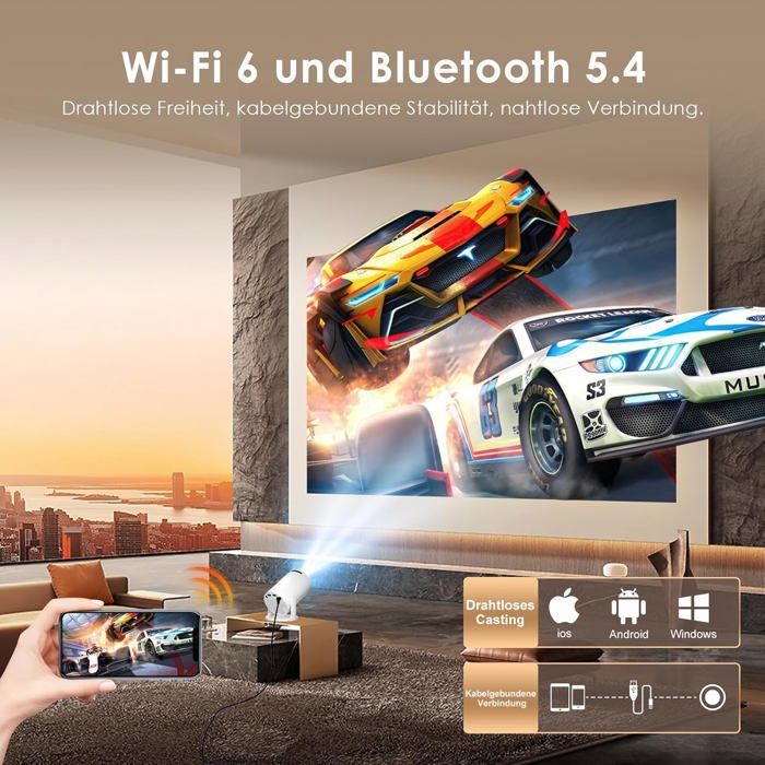 Trahoo Mini proiettore portatile - Supporto 8K - Android 14 - WiFi 6 - Bluetooth 5.4 - Correzione trapezoidale automatica