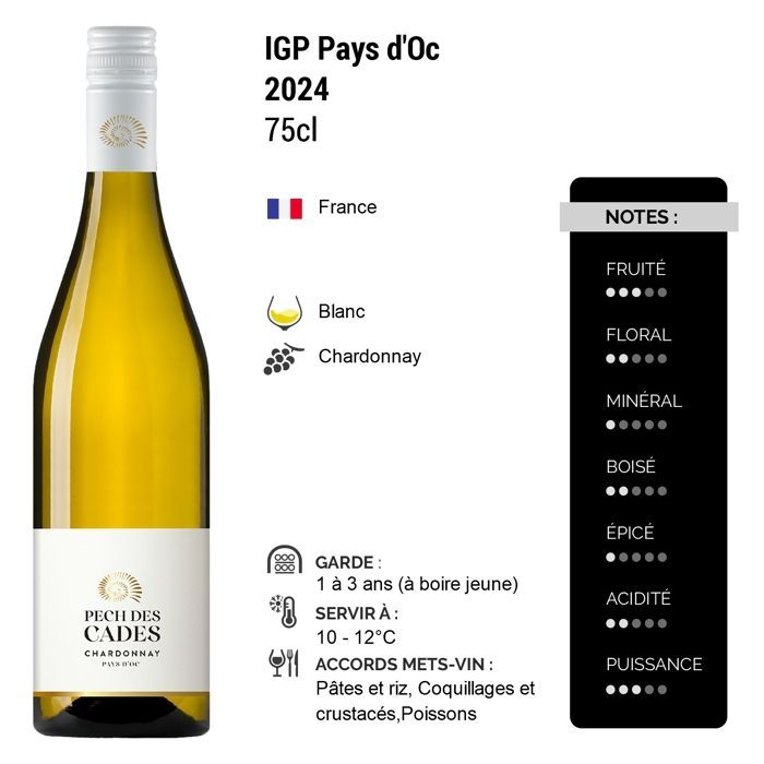 Domaine Pech Des Cades Pays d'Oc Chardonnay 2024 - Vin Blanc du Languedoc - Roussillon (6x75cl)