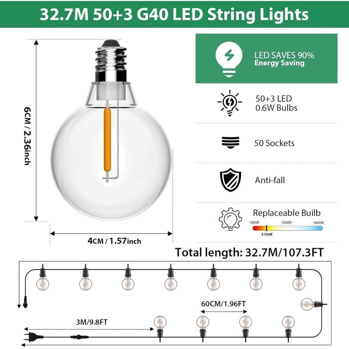 Guirlande Lumineuse Exterieure 32.7M 50+3 G40 Ampoules Ip54,Guirlande Lumineuse Guinguette Exterieur Led Incassable Blanc Chaud
