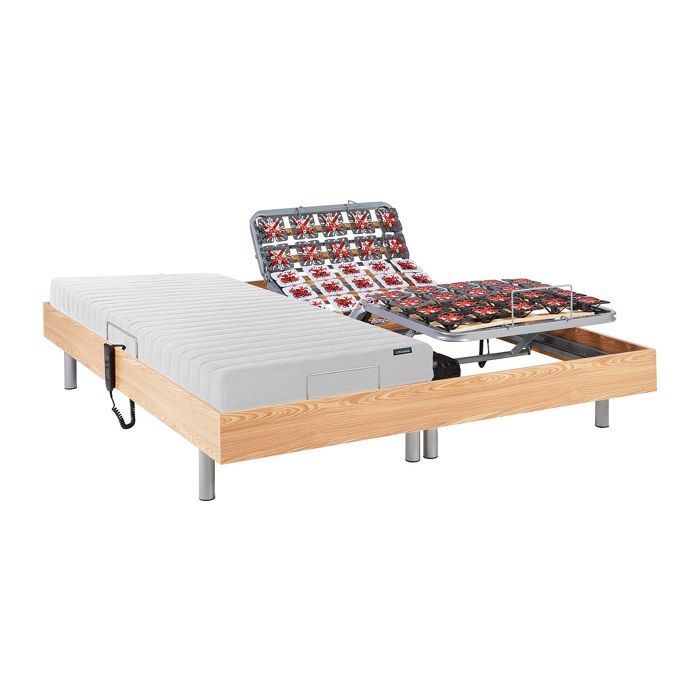 Cama eléctrica de relajación con base de láminas y colchón de látex confort - 2 x 80 x 200 cm - Light Natural - ETHER by YSMÉE