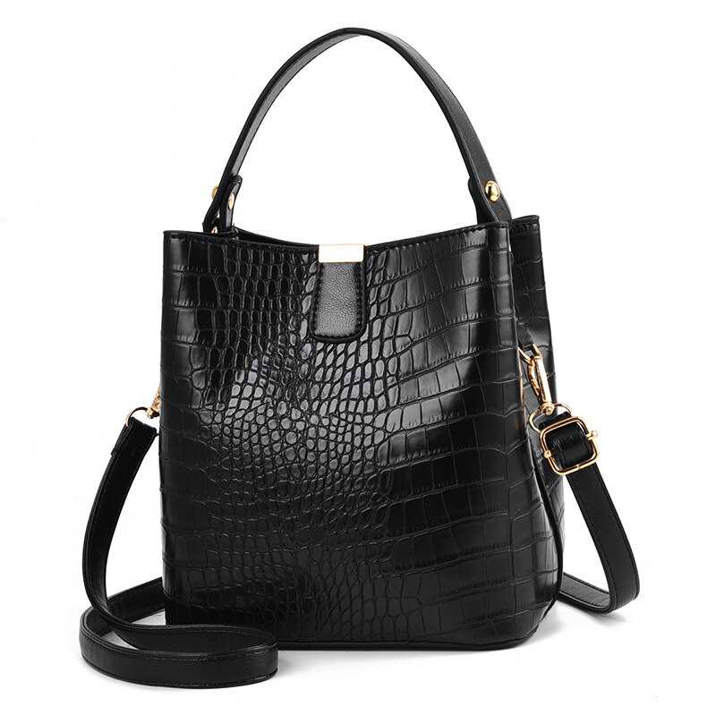 Borsa a secchiello retrò da donna con stampa coccodrillo, borsa a tracolla casual capiente in poliuretano effetto coccodrillo.