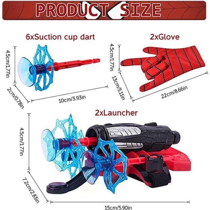 Juego de 2 guantes para lanzar dardos, guantes de plástico para cosplay, juguetes de muñeca con forma de araña, 2 lanzadores + 6 dardos + 2 guantes.