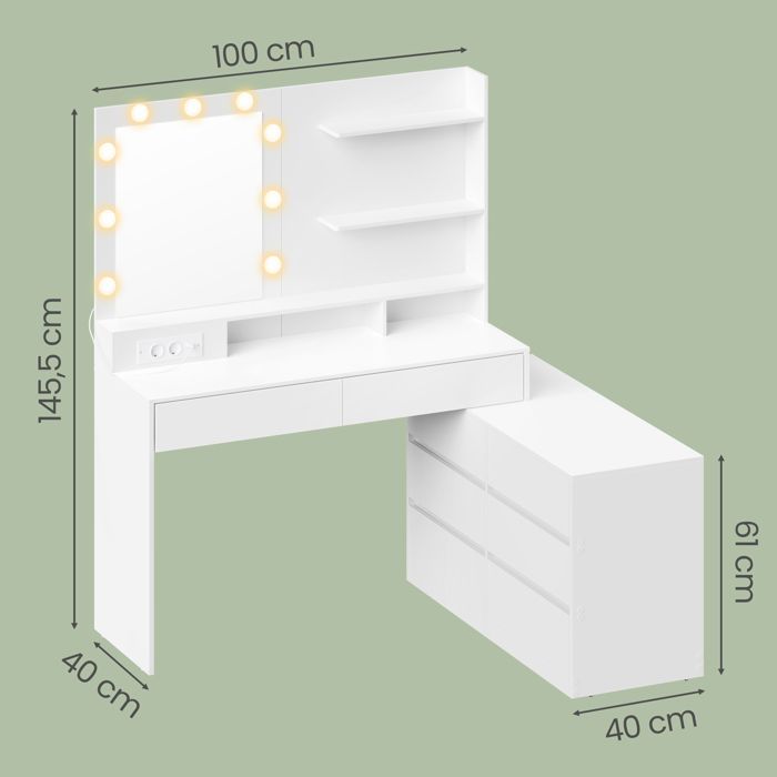 Coiffeuse en Ligne ou en L, Miroir LED 9 Ampoules, avec Multiprise, 8 Tiroirs, Blanc