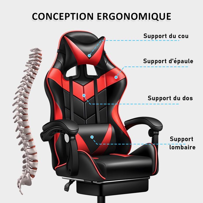 Silla gaming ergonómica, de piel sintética, altura regulable, respaldo reclinable y soporte lumbar.