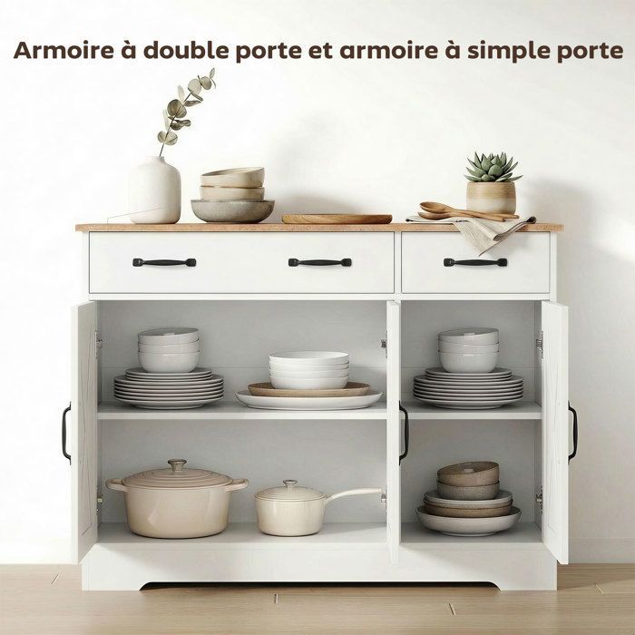 Aparador de cocina - HOMCOM - 3 puertas correderas y 2 cajones - Soporte para TV de hasta 50 pulgadas - Madera - 108x40x81cm - Blanco