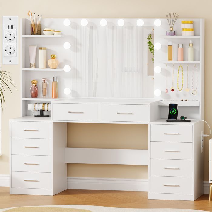 Grande Coiffeuse 150 × 40 × 140cm, avec Miroir LED, 2 Prises et 2 Ports USB, 10 Tiroirs de Rangement, Blanc, Adulte et Enfant