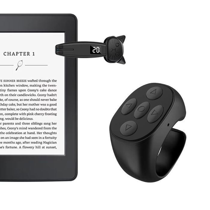 Rose Bluetooth-afstandsbediening voor het omslaan van pagina's, geschikt voor e-readers, smartphones en tablets, met clip, digitaal display en bedieningsring.