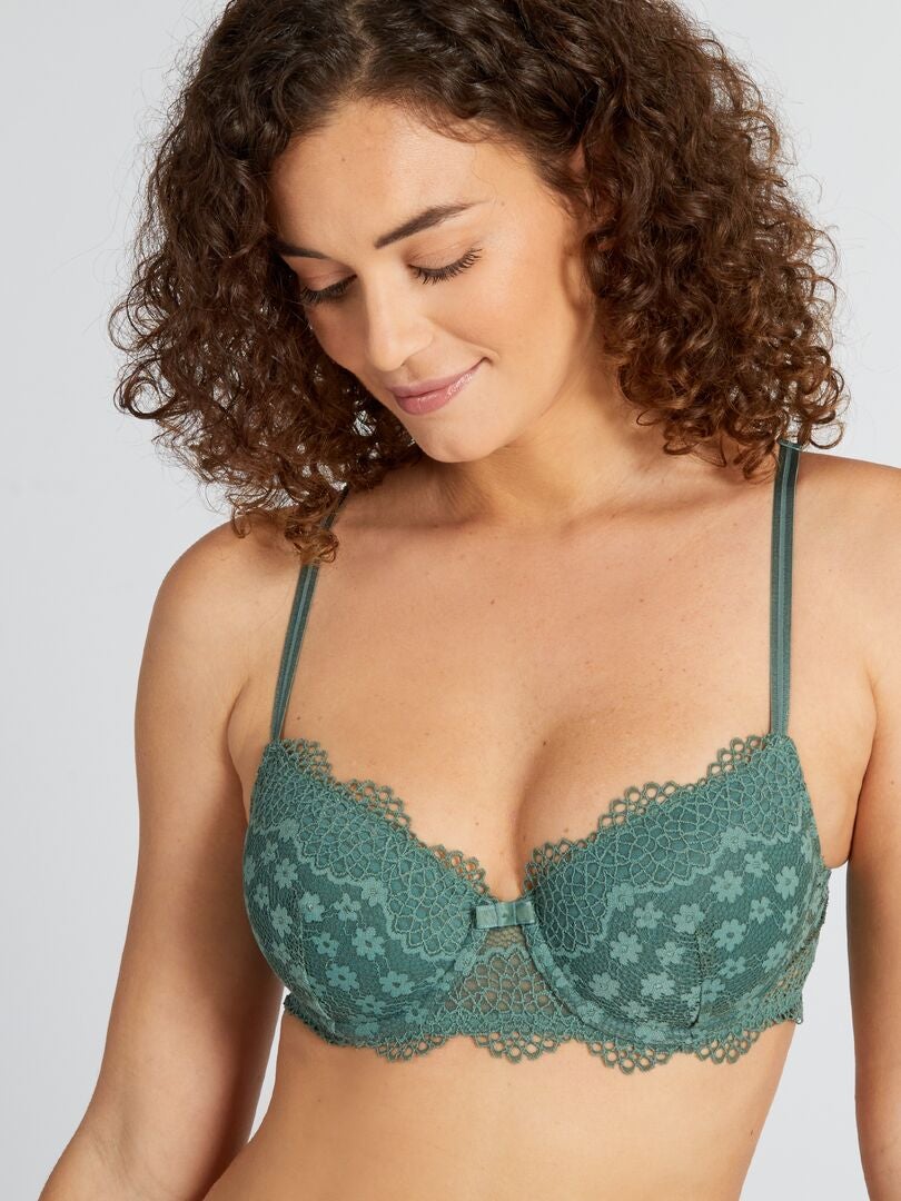 Sutiã de renda volumizador com costas cruzadas - Verde acinzentado