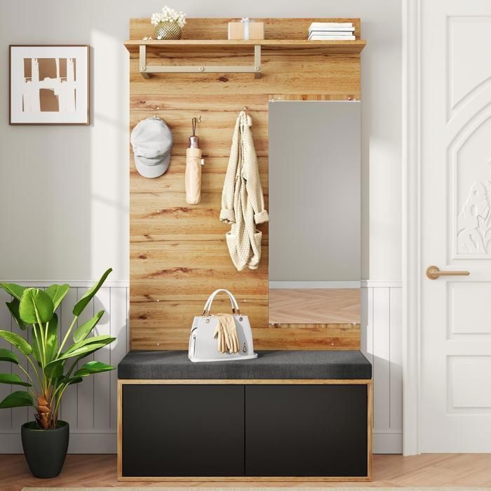 Mueble de recibidor de madera de 100x38x190 cm con perchero, espejo, banco tapizado, zapatero y estantes - Negro+Natural