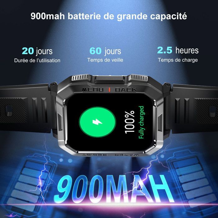 Blackview Montre Connectée Homme - Batterie 900 mAh - Boussole - Lampe de poche - Smartwatch Compatible Android iOS Samsung Huawei