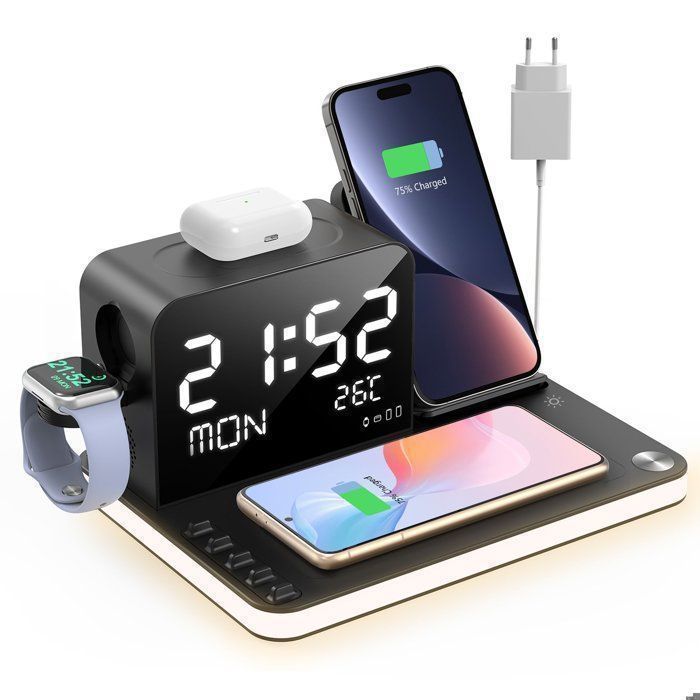 Cargador inalámbrico 7 en 1: estación de carga, reloj, luz nocturna, cargador inalámbrico para iPhone, AirPods, Apple Watch, Samsung y Android.