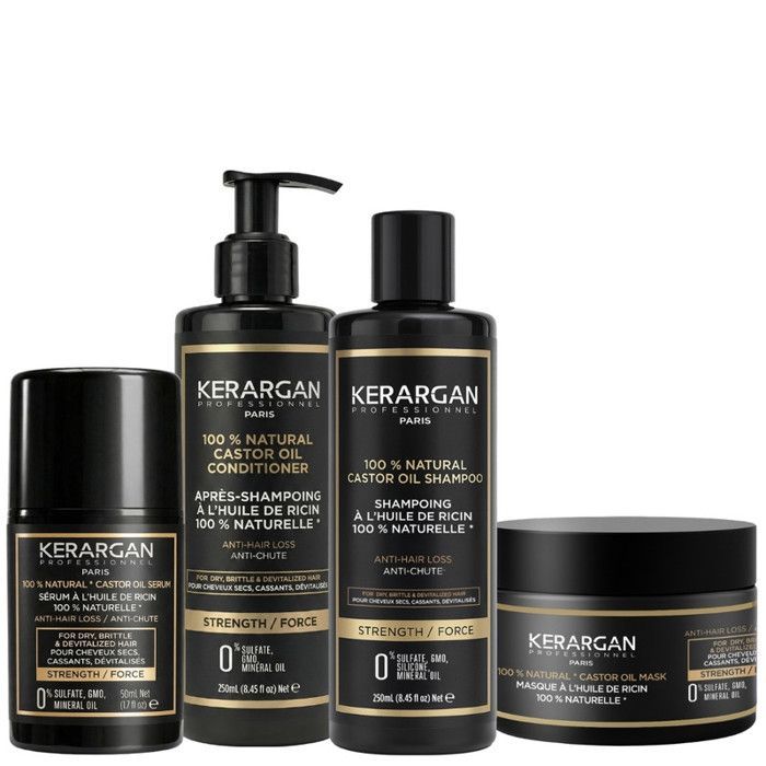 Kerargan - Hiustenlähtöä ehkäisevä setti: shampoo, hoitoaine, naamio ja seerumi risiiniöljyllä - 3 x 250ml + 1 x 50ml