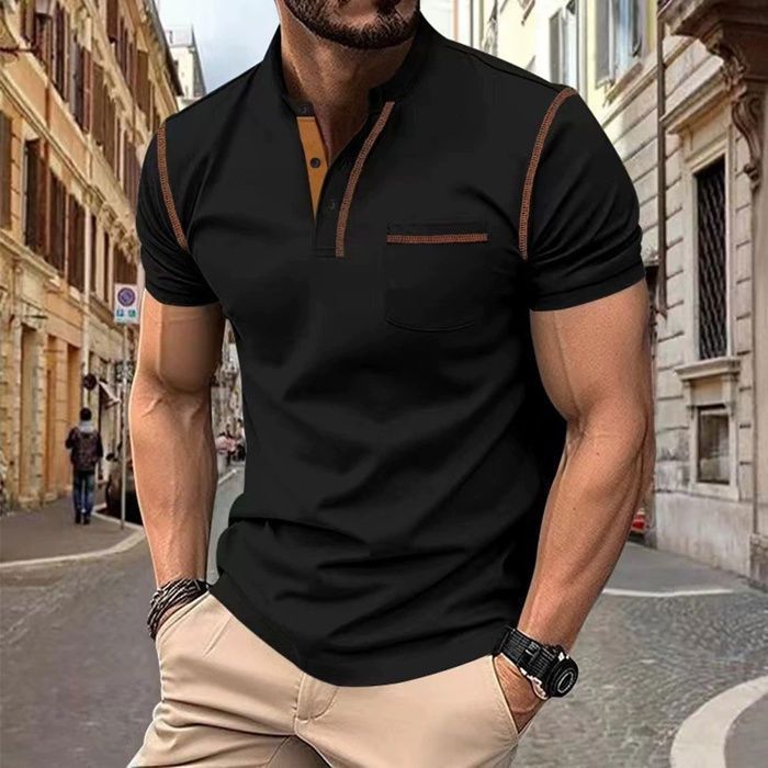 Men's Polo Shirt, Casual Men's Summer Button-Front Polo Shirt, Men's Short Sleeve Sport Regular Fit Polo Shirt - Black