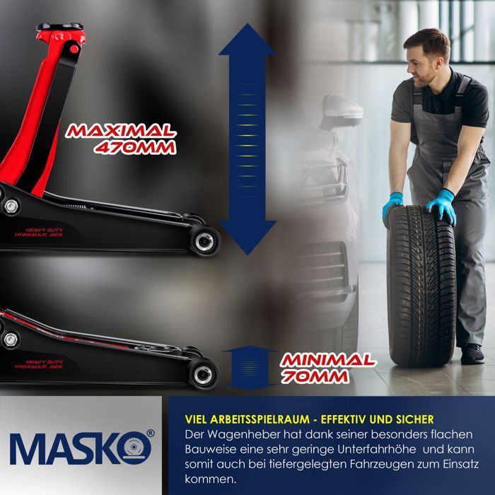 Cric hydraulique - MASKO - 3 tonnes - Hauteur de levage 70-470 mm - Roulettes pivotantes 360° - Supports en caoutchouc