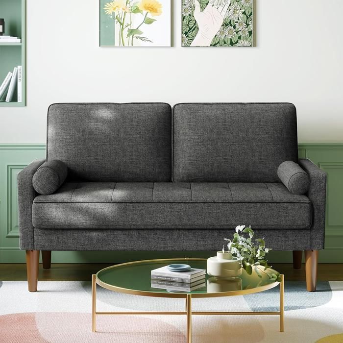 2-Seater Sofa in Grey Fabric, 121 x 77 x 87 cm, Scandinavian Style Sofa with 2 Cushions, Wooden Legs