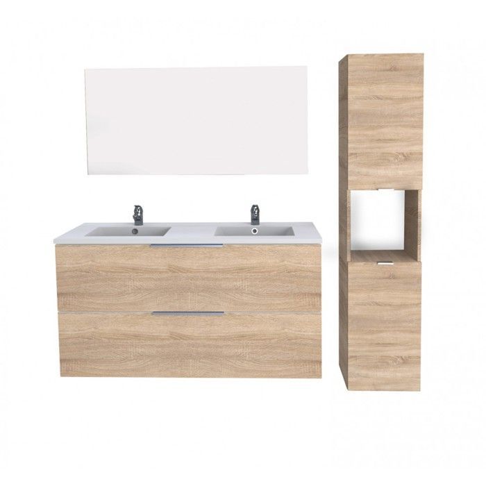 MALAGA 120 cm badmeubel + wastafel + spiegel + hoge kast / Witgekalkte eiken afwerking