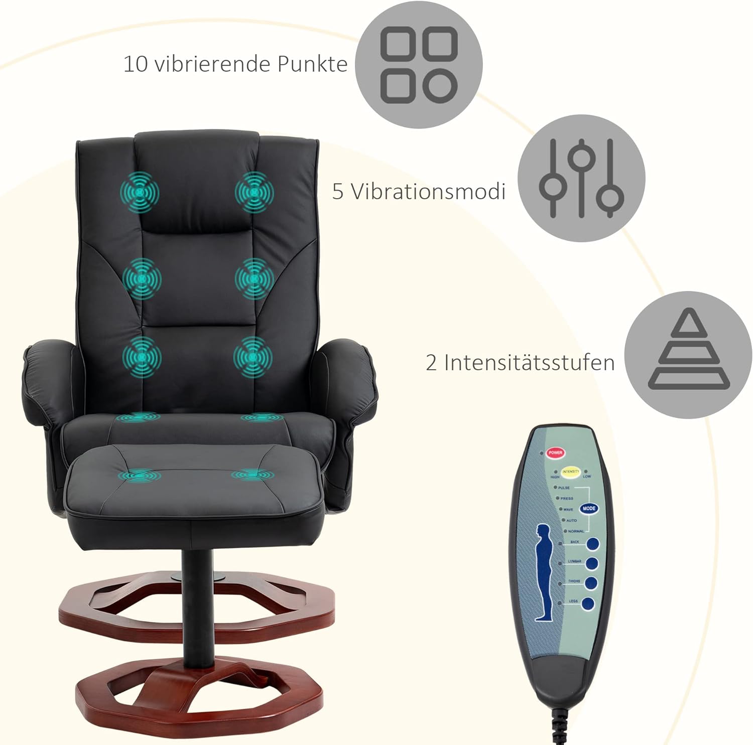 HOMCOM Massagesessel mit Fußstütze, Ruhefunktion, verstellbarer Rückenlehne mit Massagefunktion, 360° drehbar, Kunstleder, Stahl, Schwarz/Braun, 73 x 83 x 106 cm