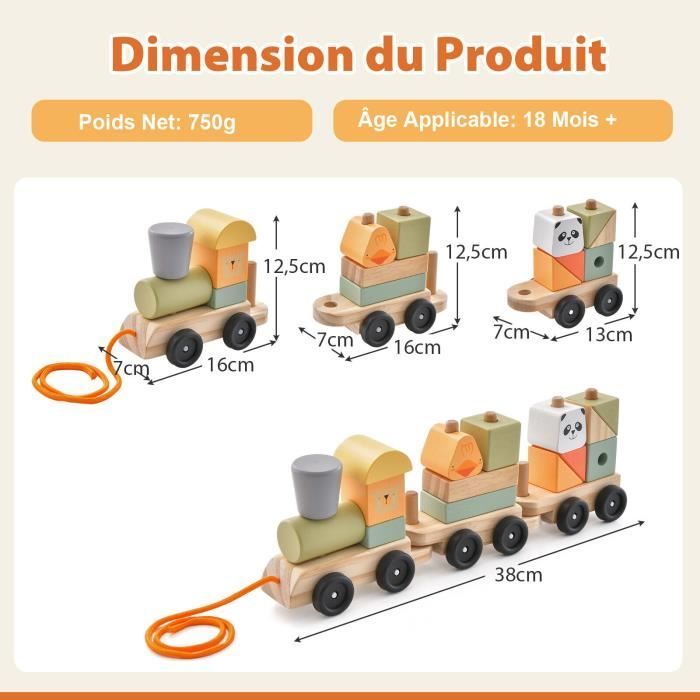 Tren de madera para arrastrar COSTWAY - 15 piezas - 3 vagones, locomotora retráctil - Juguete seguro de madera maciza para el aprendizaje temprano