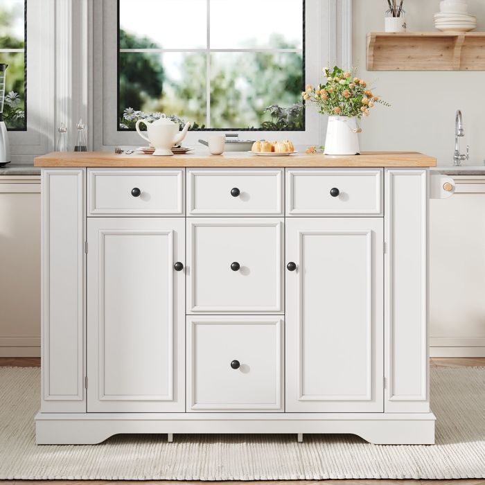 Moderne Kücheninsel mit klappbarer Arbeitsplatte, Sideboard, Steckdosen und verstellbaren Regalböden, weiß