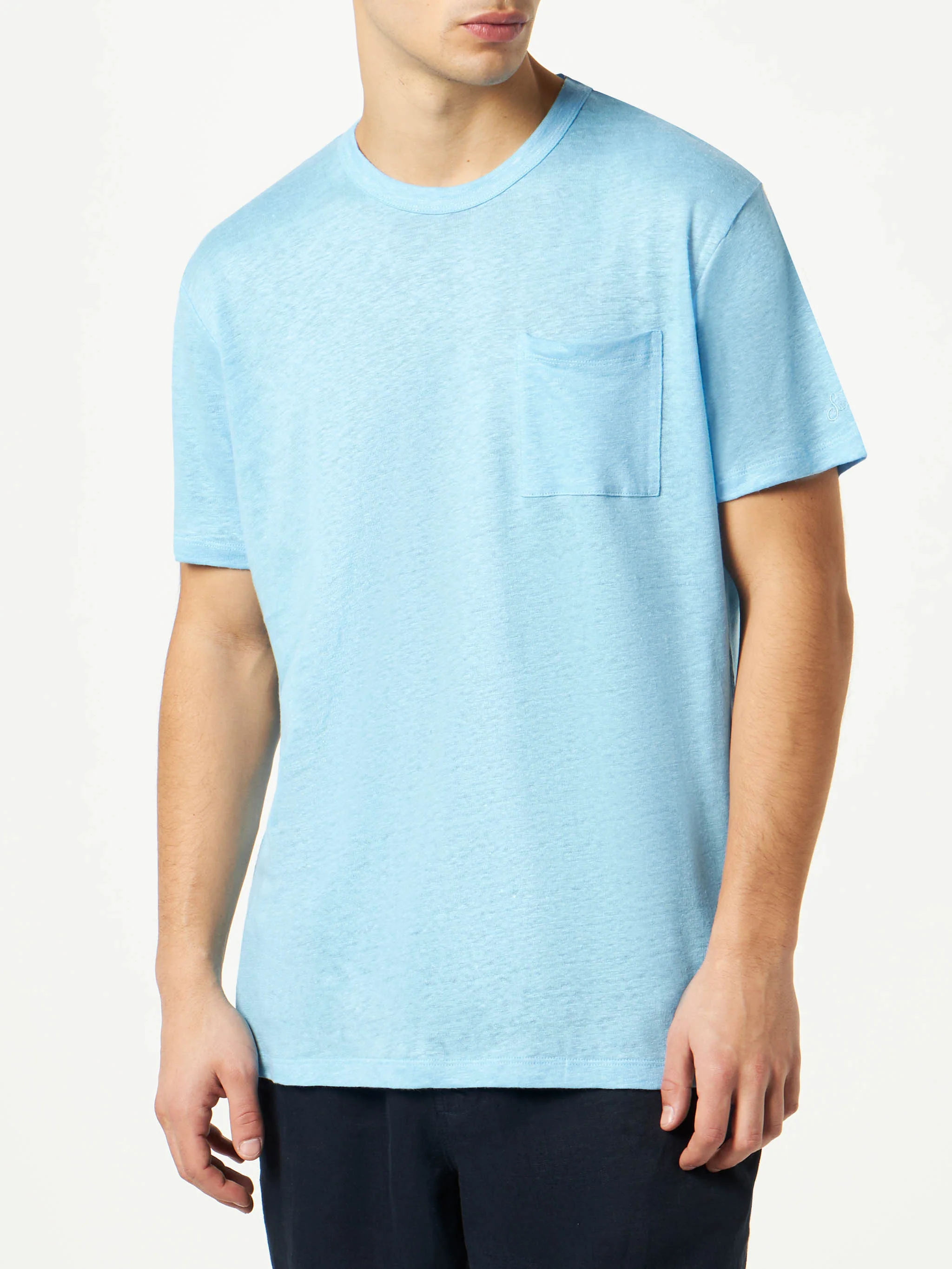 Lichtblauw linnen jersey T-shirt voor heren