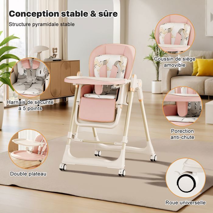 Silla alta convertible 4 en 1 para bebé, 3 posiciones de reclinado, 5 posiciones de altura, ruedas, mecedora para bebés de 3 meses en adelante.