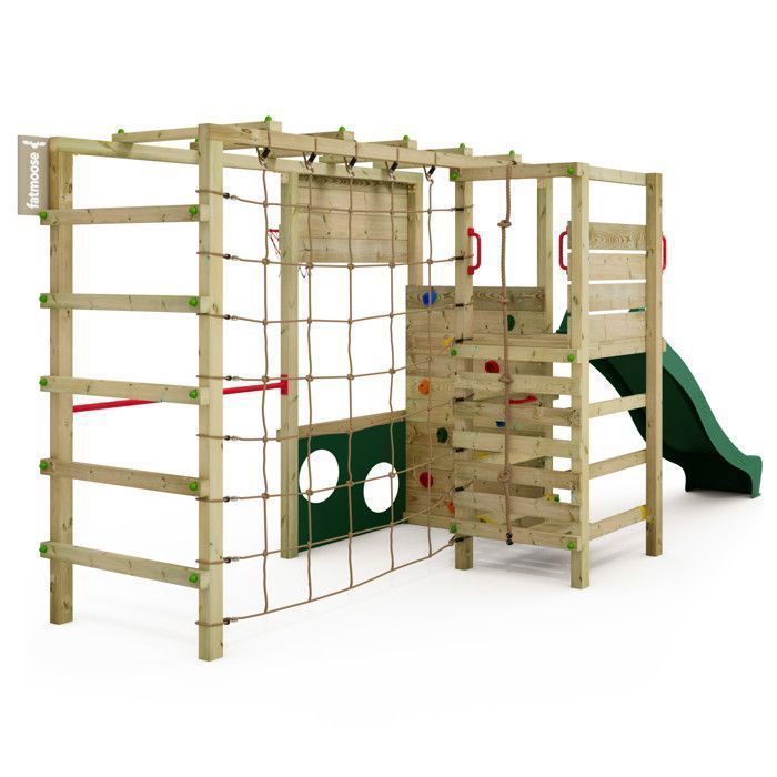 Parque infantil de madeira verde FATMOOSE ActionArena Air XXL com escorregador, parede de escalada e cesta de basquete – 10 anos de garantia*