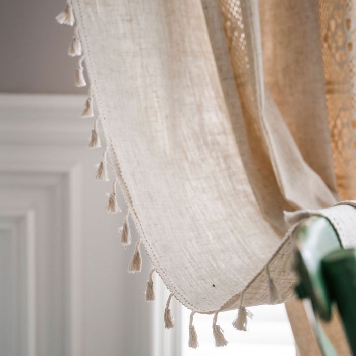 Cortinas de estilo bohemio, opacas, de algodón y lino color beige, 150 x 240 cm (barra), gancho hueco, confeccionadas en poliéster y lino.