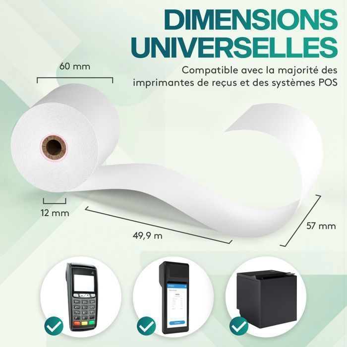 ACROPAQ 20 Rouleaux de Caisse 57x60x12mm- Thermique 49,9 m-Terminaux de paiement- 20 Bobines TPE- Sans BPA- Dimension Universelle