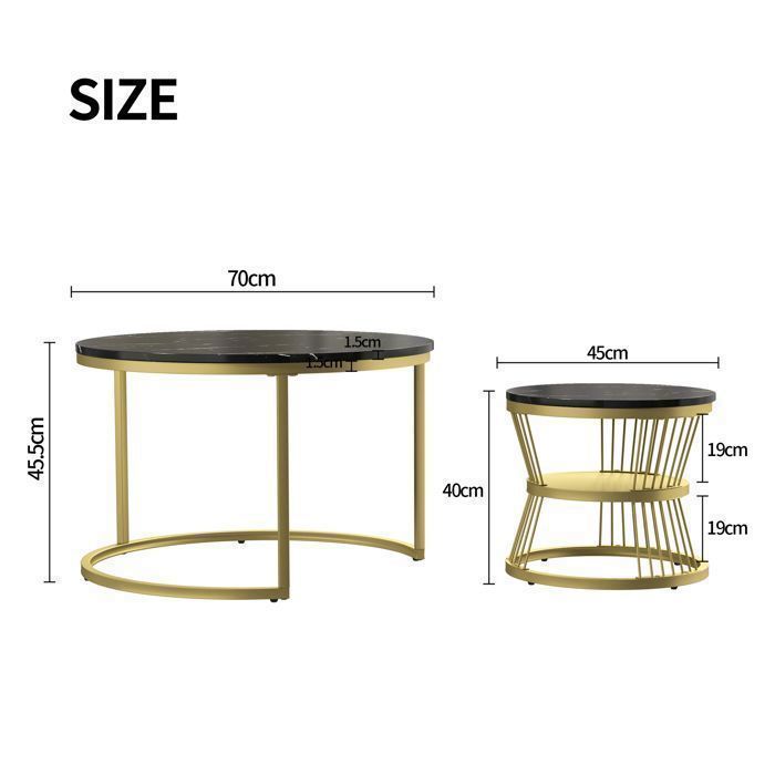 Set di 2 tavolini impilabili, piano in marmo e gambe in metallo – P70/45 x H45/40 cm – nero