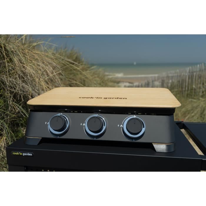 Piano cottura a gas COOK'IN GARDEN DUNE 70 - 3 bruciatori - 6 kW - L 68,5 x P 47 x H 20 cm - Superficie di cottura: L 66,5 x P 36,5 cm - Nero