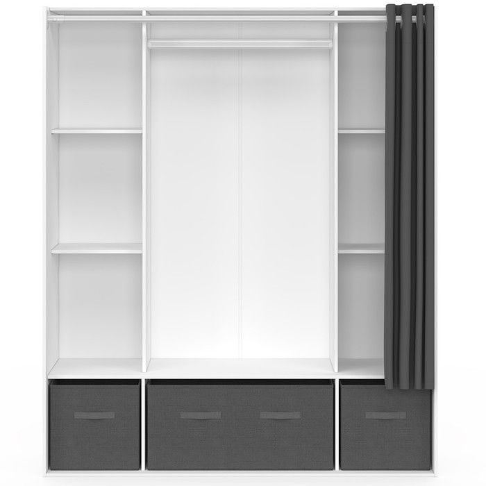 Guarda-roupa duplo IDMARKET DIANE, 140 x 45 x 167 cm, branco, com prateleiras, caixas de arrumação e cortina cinzenta.