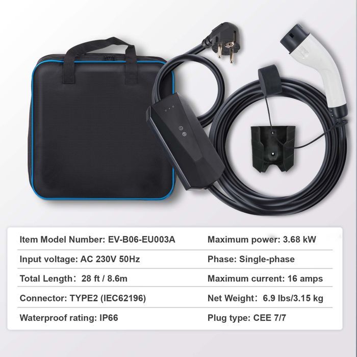 Caricabatterie portatile per veicoli elettrici tipo 2-Duoku-16A 3,7 kW-con cavo di ricarica da 8,5 metri-Spina CEE 7/7-IEC 62196