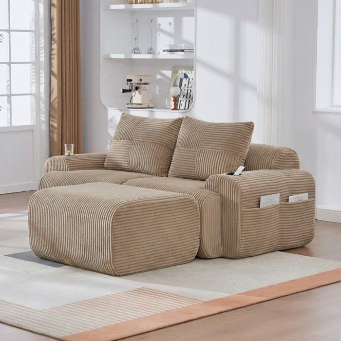 Canapé modulable 2 places - LANGTU - Modulaire 2 places - Velours côtelé - Repose-pieds & porte-gobelet - Khaki