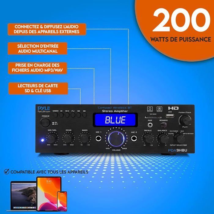 Amplificatore multicanale Bluetooth Pyle da 200 W – HDMI, USB/SD, FM, microfono, telecomando