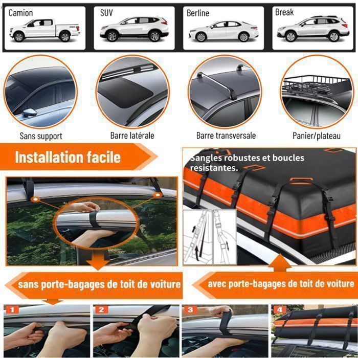 Coffre de Toit - 640L - Sac de Toit Voiture Étanche PVC 130*104*45 cm,10 Sangles 6 Crochets de Porte,Tapis,Serrure
