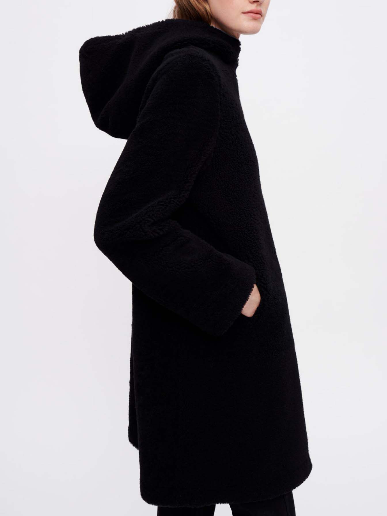 Haină din shearling, lână și blană - Negru