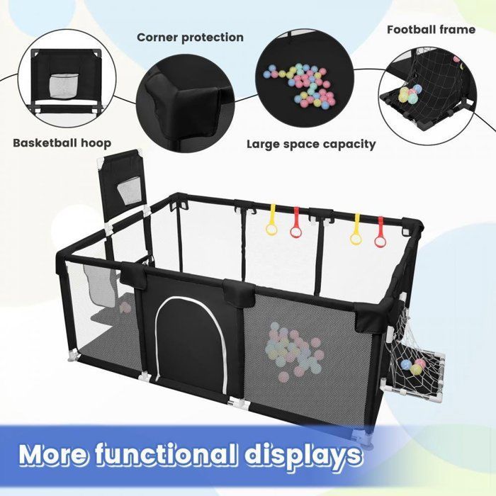 Enfants Parc-MENGDA-Avec protection des coins,4 anneaux de traction,4 ventouses,50 balles-Démontable Lavable-Noir