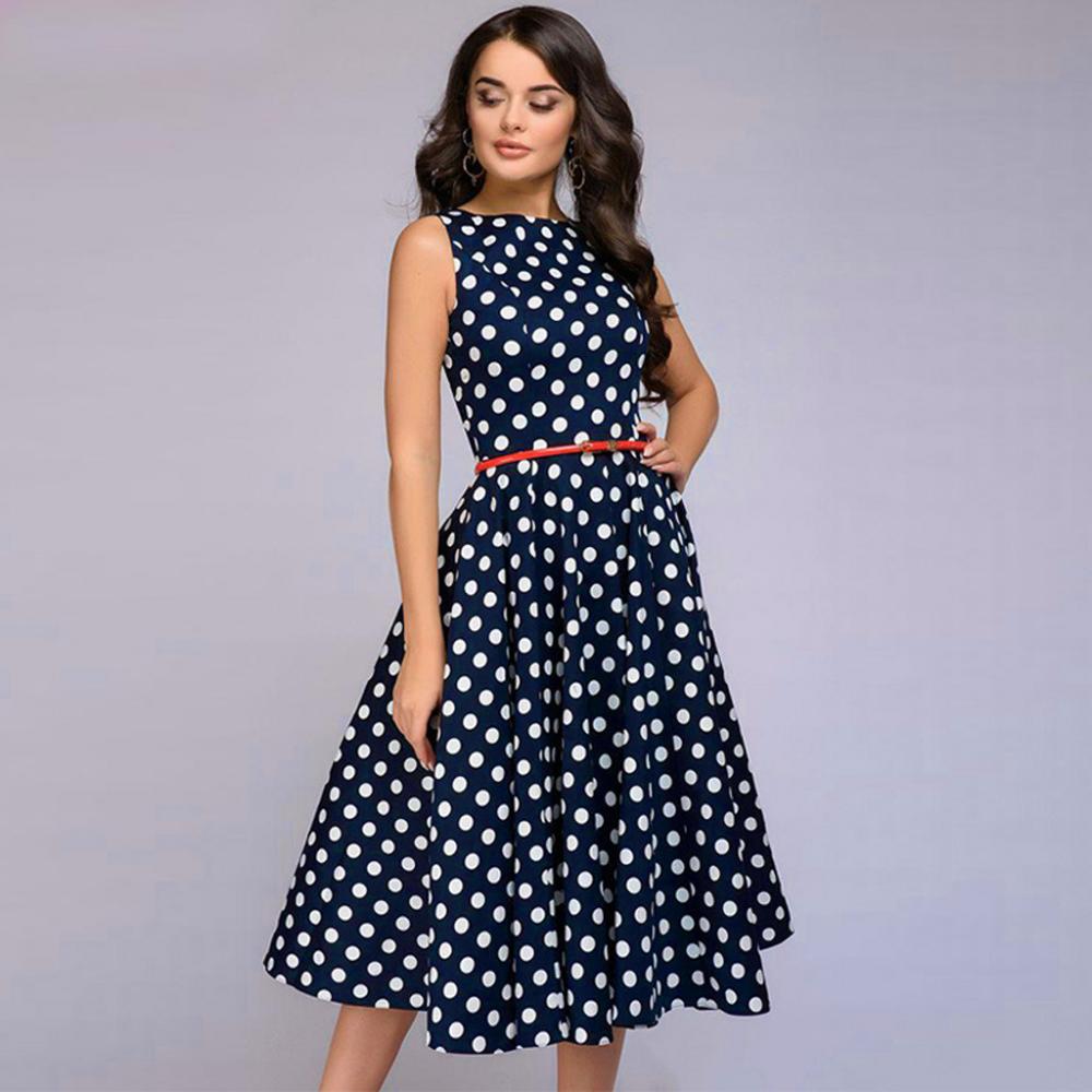 Robe trapèze élégante à pois pour femme, robe d'été décontractée sans manches, robe midi à col rond pour femme, Vestidos De Verano#35