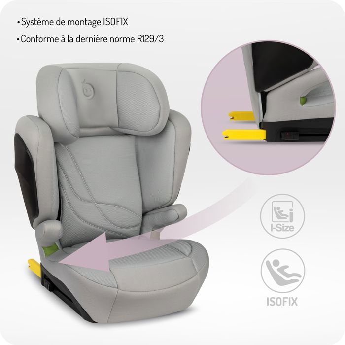 Seggiolino auto MoMi MEI - I-SIZE 100-150 cm - Gruppo 2/3 - ISOFIX - Schienale regolabile in 9 posizioni - Fino a 36 kg - Grigio