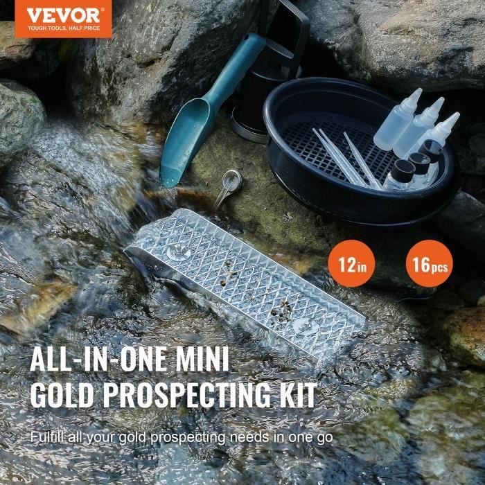 Kit portátil para buscar oro - VEVOR - 23 piezas - Caja de lavado de oro de 270 cm, tamiz, pipetas, pala y bolsa de transporte.